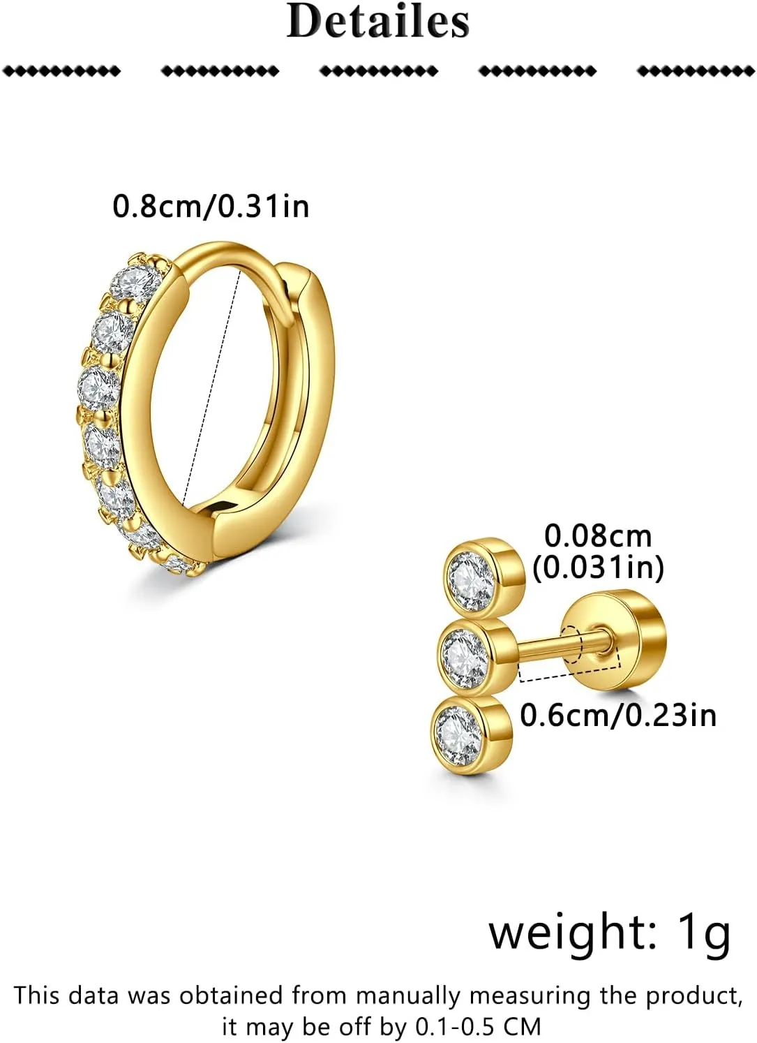 QWALIT Gold Earrings for Women Flat Back Hypoallergenic Screw Back Cartilage Earrings for Women Surgical Steel Small Hoop Earring Gold Plated Helix Jewelry Second Hole Earring Set