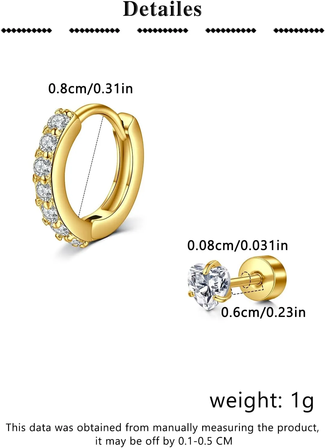 QWALIT Gold Earrings for Women Flat Back Hypoallergenic Screw Back Cartilage Earrings for Women Surgical Steel Small Hoop Earring Gold Plated Helix Jewelry Second Hole Earring Set