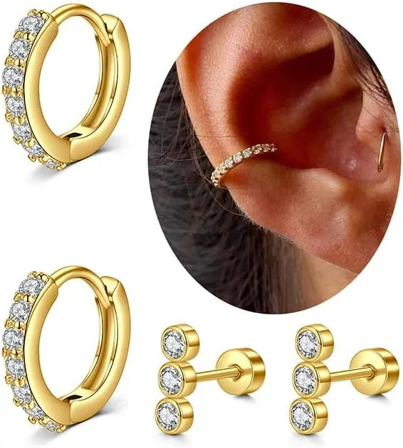 QWALIT Gold Earrings for Women Flat Back Hypoallergenic Screw Back Cartilage Earrings for Women Surgical Steel Small Hoop Earring Gold Plated Helix Jewelry Second Hole Earring Set