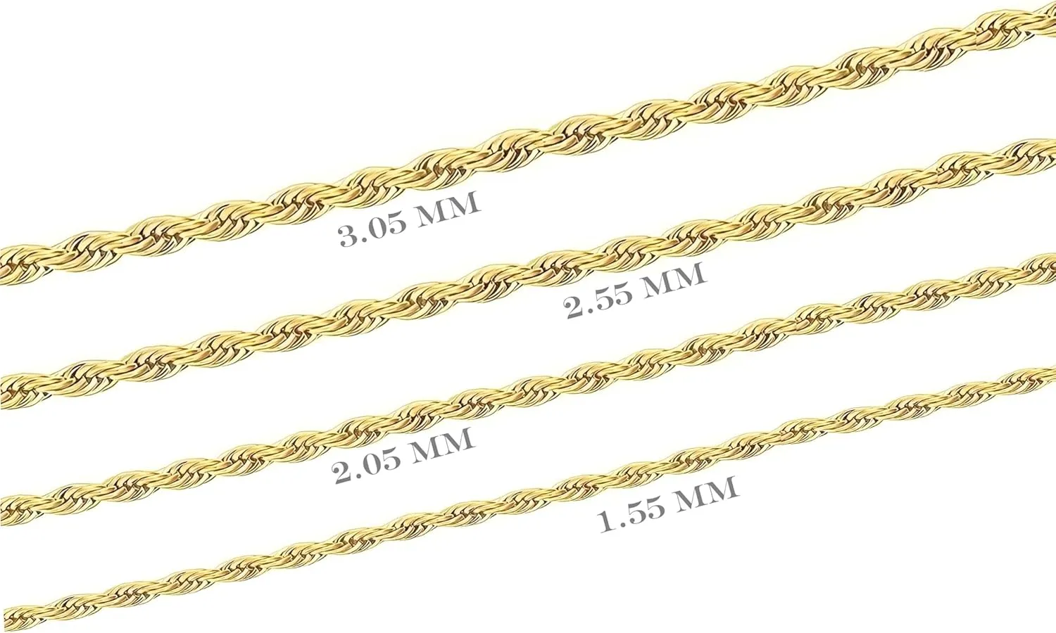 Real 14K Yellow Gold Solid Rope Chain Necklace for Women and Men Jewelry with Lobster Clasp, 1.55-3.05mm, 16-30inch