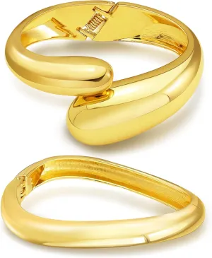 RechicGu 2pcs 14K Gold Plated Cuff Waterdrop Teardrop Bangle Bracelet for Women Gift,Chunky Twisted Hinge irregular Minimalist Wide Thick Gold Open Oval Wrist Bracelet Jewelry Set