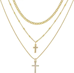 Retro gold women's cross necklace, three-layer rhinestone pendant religious necklace, adjustable chain length, elegant Christmas gift, birthday gift, gift for girlfriend and sisters