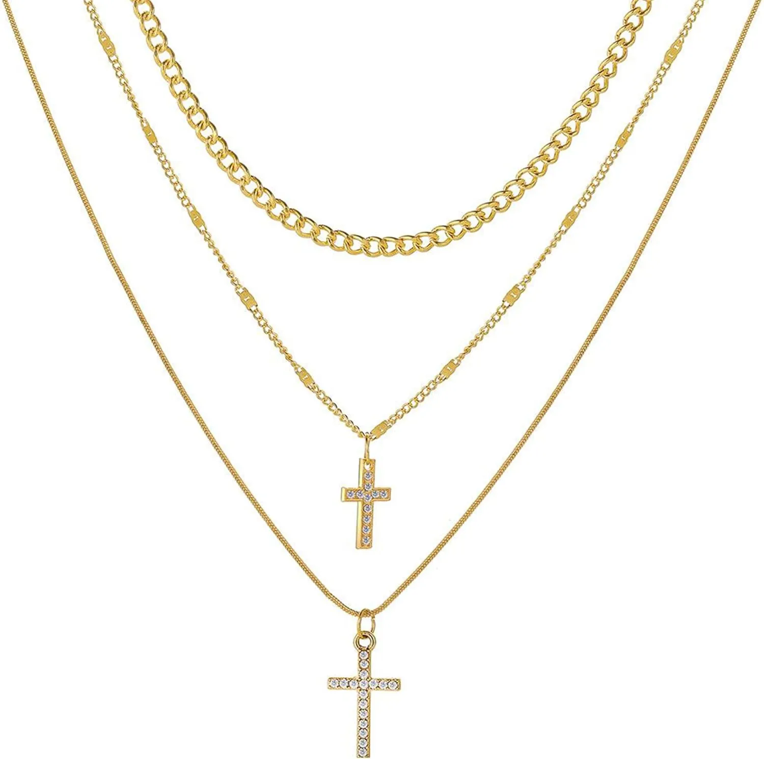 Retro gold women's cross necklace, three-layer rhinestone pendant religious necklace, adjustable chain length, elegant Christmas gift, birthday gift, gift for girlfriend and sisters