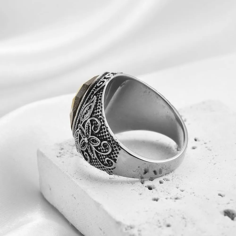 Retro Large Tiger Eye Stone Turquoise Wedding Ring For Men Classical Gothic Stainless Steel Rings