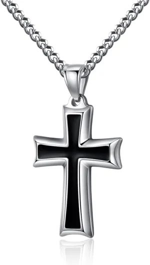 REVEMCN Reve Stainless Steel Black & Silver Cross Pendant Necklace for Men Women, 20-24 Inches Curb Chain