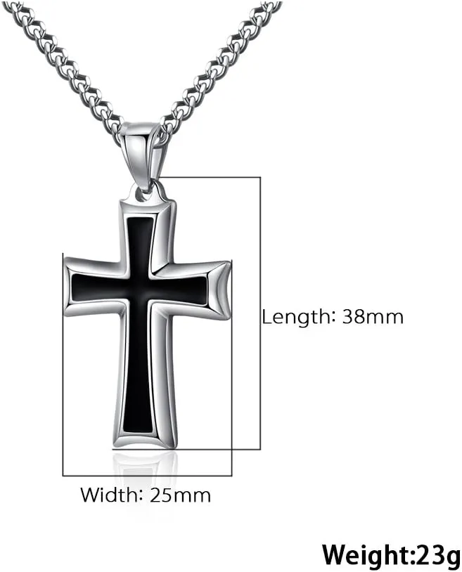 REVEMCN Reve Stainless Steel Black & Silver Cross Pendant Necklace for Men Women, 20-24 Inches Curb Chain
