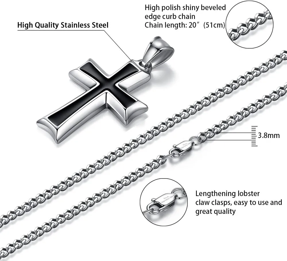 REVEMCN Reve Stainless Steel Black & Silver Cross Pendant Necklace for Men Women, 20-24 Inches Curb Chain