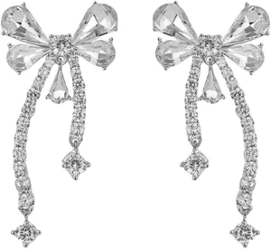 Rhinestone Bow Dangle Earrings for Women Sparkling Crystal Chain Tassel Statement Charms Dangle Hanging Stud Earrings Boho Exaggerated Birthday Holiday Jewelry Gift