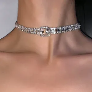 Rhinestone Choker Necklace Silver Crystal Necklaces Fashion Clavicle Chain Party Sparkly Adjustable Chain Jewerly for Women and Girls
