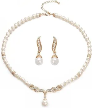 Rhinestone Multi Strands Pearl Necklace Earring Set 3 Layered Choker Necklace for Women White Pearl Wedding Prom Party Jewelry
