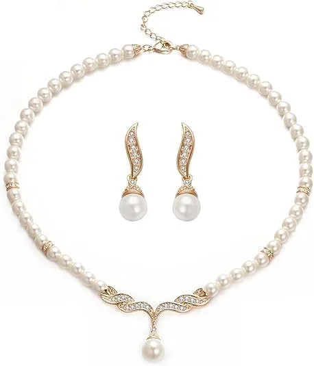 Rhinestone Multi Strands Pearl Necklace Earring Set 3 Layered Choker Necklace for Women White Pearl Wedding Prom Party Jewelry
