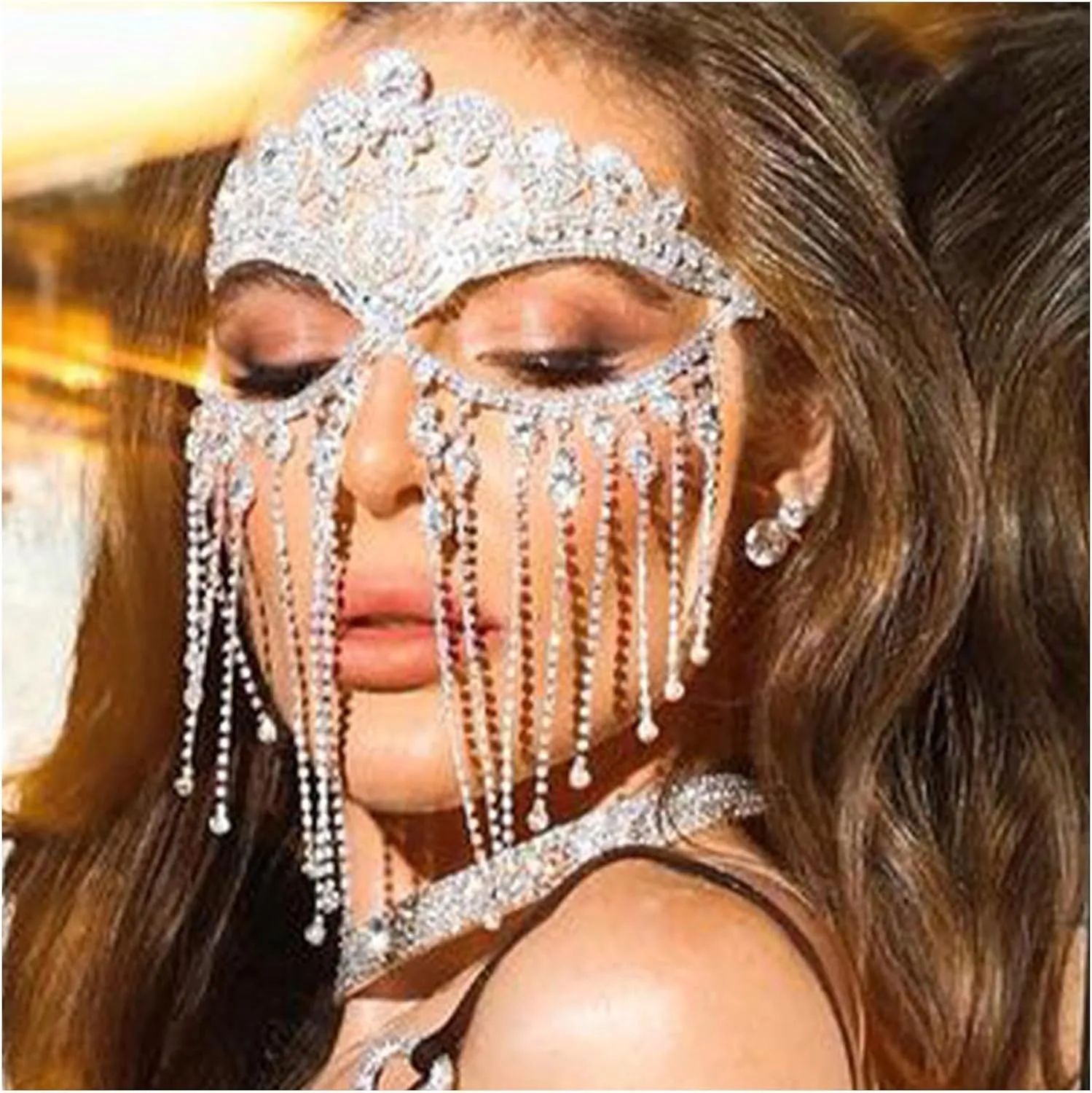 Rhinestone Tassel Veil Masks Forehead Chain Rave Crystal Eye Face Chains Mask Dance Costume Sexy Face Jewelry for Women