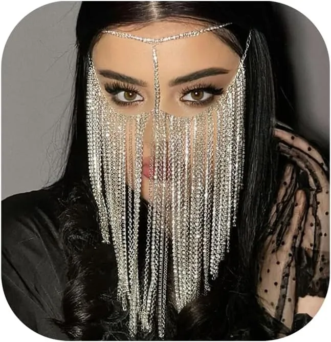 Rhinestone Tassel Veil Masks Women Headwear Rhinestone Face Chains Mask Masquerade Dance Party Costume Sexy Face Accessories Jewelry