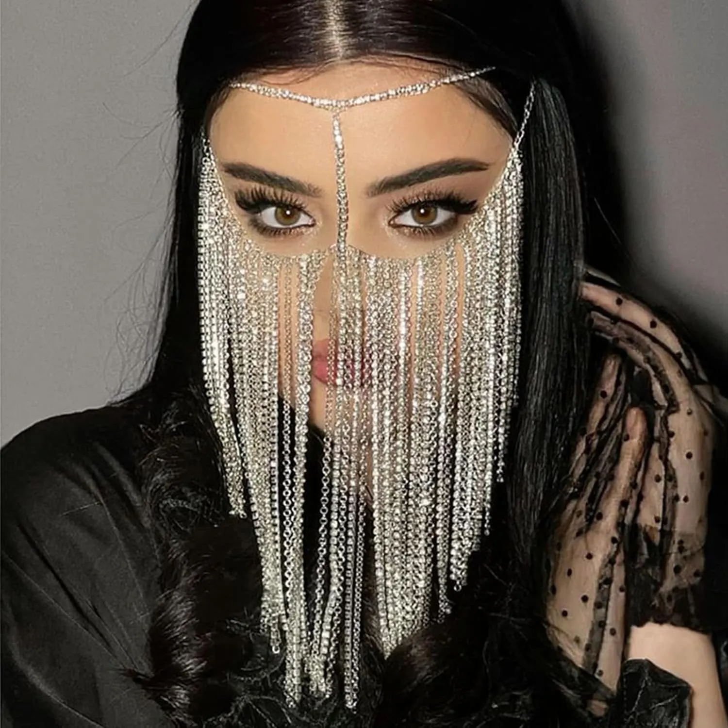 Rhinestone Tassel Veil Masks Women Headwear Rhinestone Face Chains Mask Masquerade Dance Party Costume Sexy Face Accessories Jewelry
