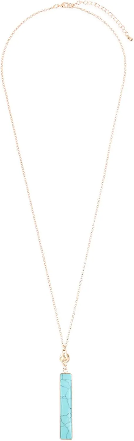 RIAH FASHION Bohemian Natural Stone Geometric Pendant Long Necklace - Simple Rectangle Bar Charm Layering Statement Layer Chain Marble Quartz