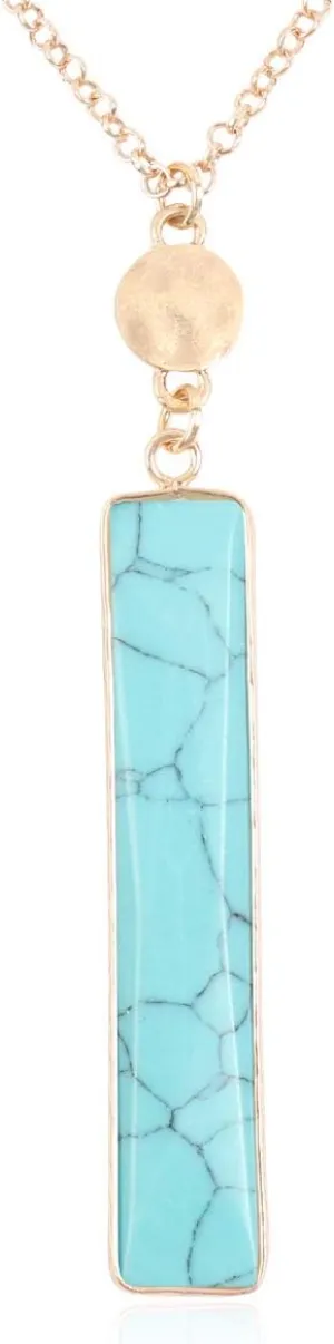 RIAH FASHION Bohemian Natural Stone Geometric Pendant Long Necklace - Simple Rectangle Bar Charm Layering Statement Layer Chain Marble Quartz