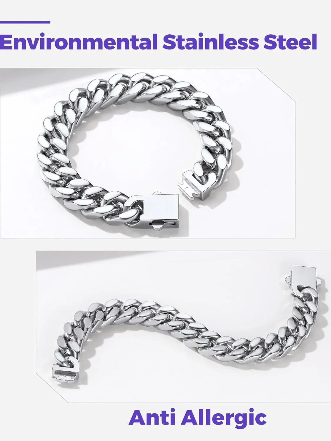 Richsteel 5/7/9/12mm Wide Miami Cuban Link Chain Bracelet for Men Women,Father's Day Stainless Steel Chain Bracelet,7.4/8.2/9 Inch Length,Hip Hop Urban Street-wear Jewelry
