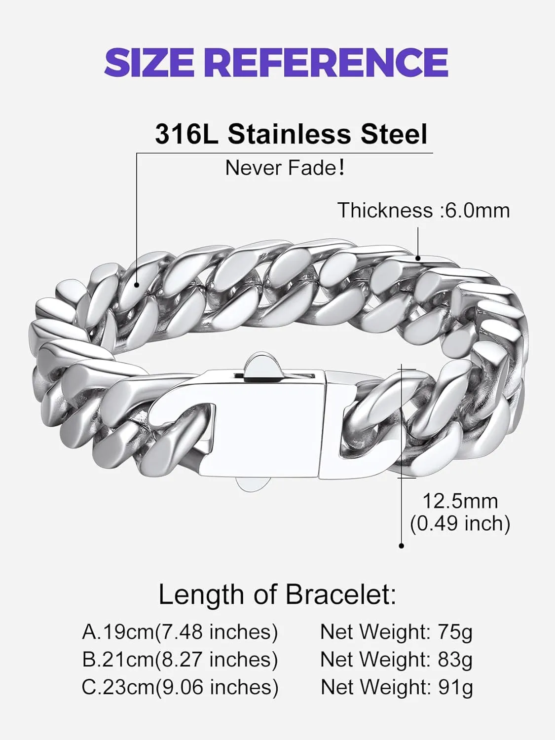 Richsteel 5/7/9/12mm Wide Miami Cuban Link Chain Bracelet for Men Women,Father's Day Stainless Steel Chain Bracelet,7.4/8.2/9 Inch Length,Hip Hop Urban Street-wear Jewelry