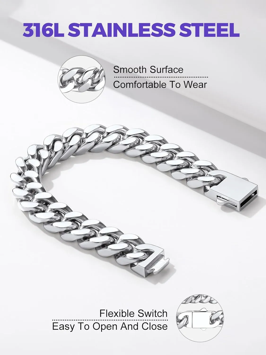 Richsteel 5/7/9/12mm Wide Miami Cuban Link Chain Bracelet for Men Women,Father's Day Stainless Steel Chain Bracelet,7.4/8.2/9 Inch Length,Hip Hop Urban Street-wear Jewelry