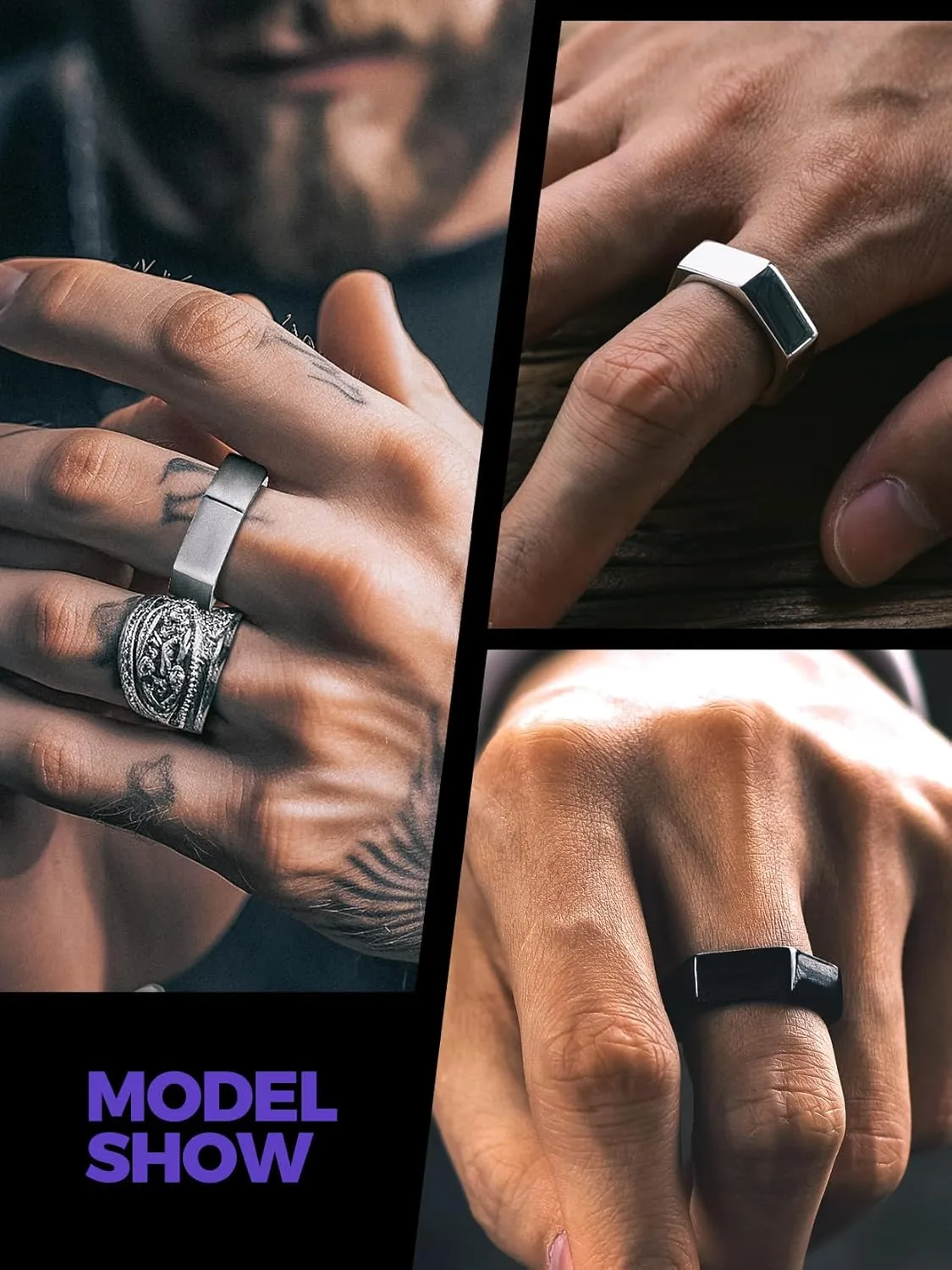 Richsteel Hexagon Stainless Steel Rings for Men - Modern Geometric 7MM Wide Men's Ring Jewelry in Silver/Black/Gold (Size 7-14)