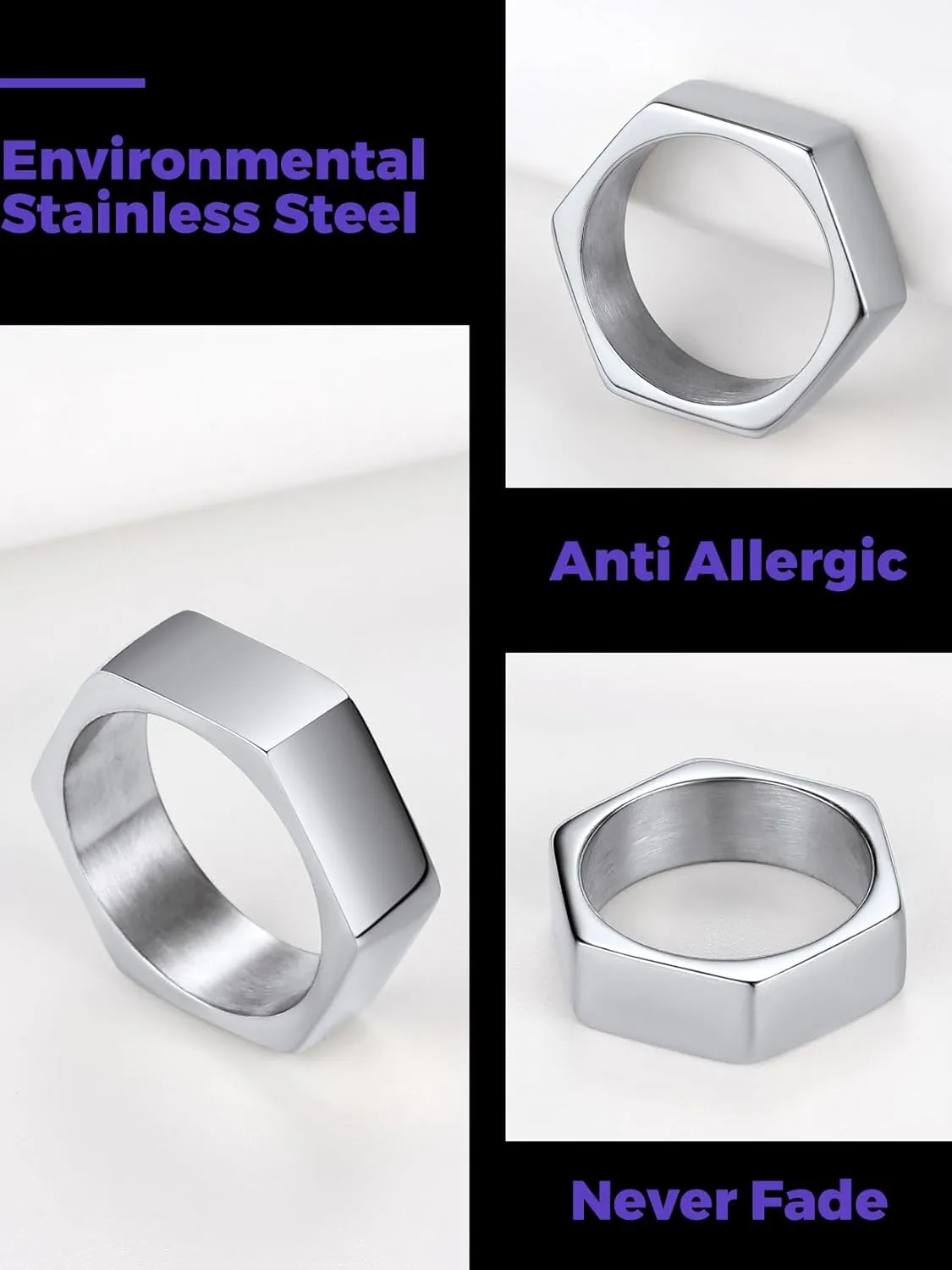 Richsteel Hexagon Stainless Steel Rings for Men - Modern Geometric 7MM Wide Men's Ring Jewelry in Silver/Black/Gold (Size 7-14)