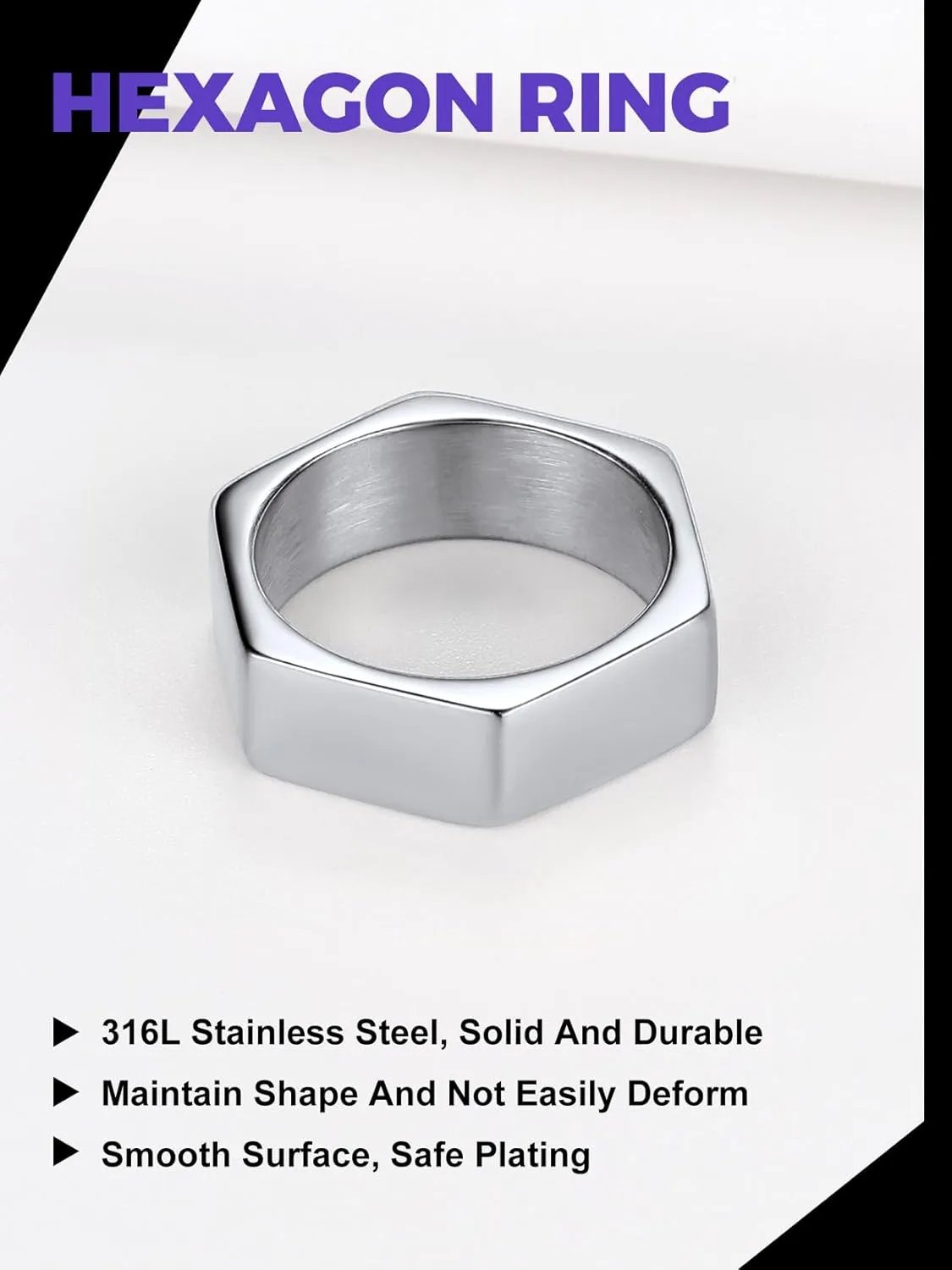 Richsteel Hexagon Stainless Steel Rings for Men - Modern Geometric 7MM Wide Men's Ring Jewelry in Silver/Black/Gold (Size 7-14)