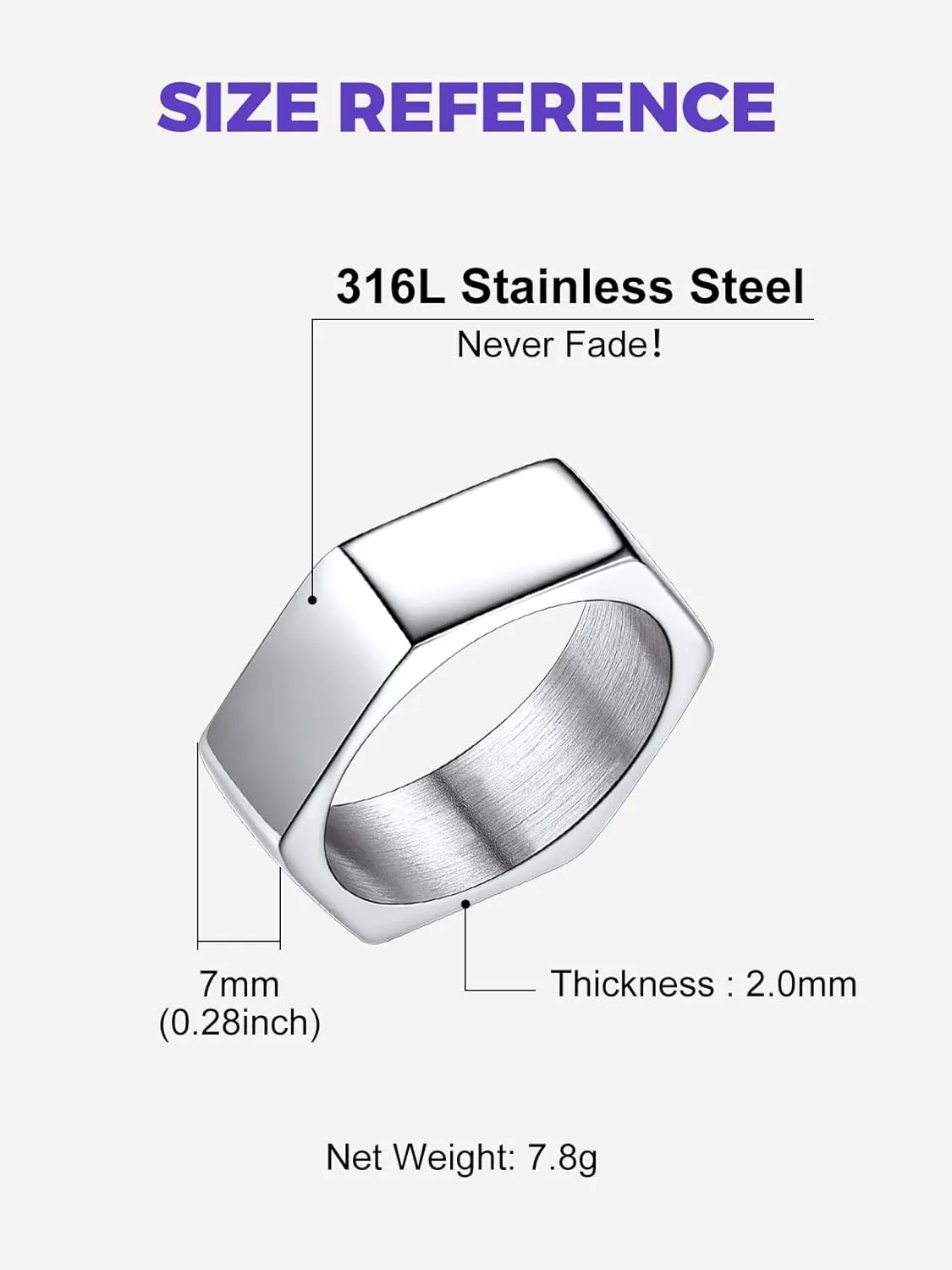 Richsteel Hexagon Stainless Steel Rings for Men - Modern Geometric 7MM Wide Men's Ring Jewelry in Silver/Black/Gold (Size 7-14)
