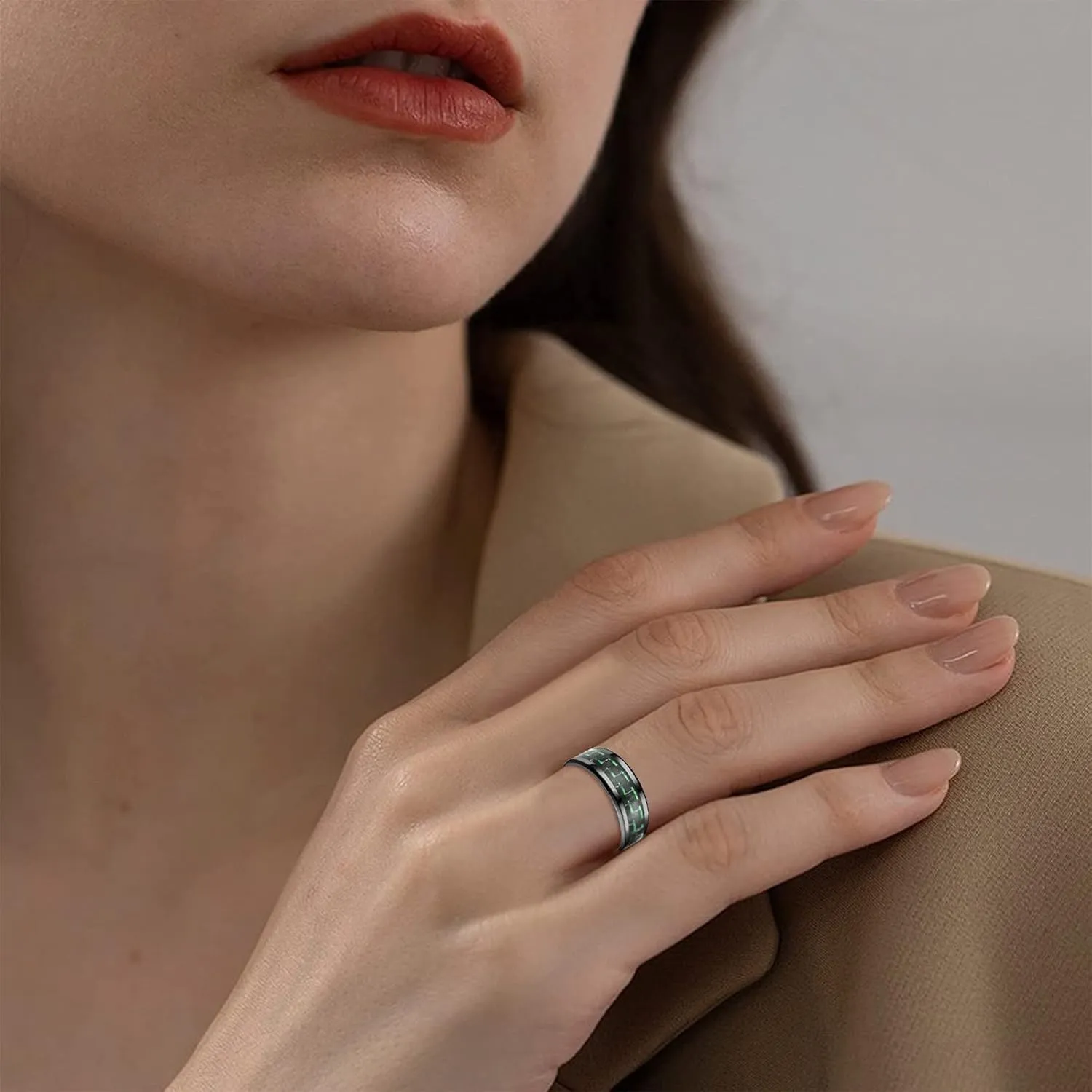 Ring Steel Couple Fashion Ring Adult Three-Color Fiber Titanium Carbon Rings Ring Teen Girl (Green, 8)