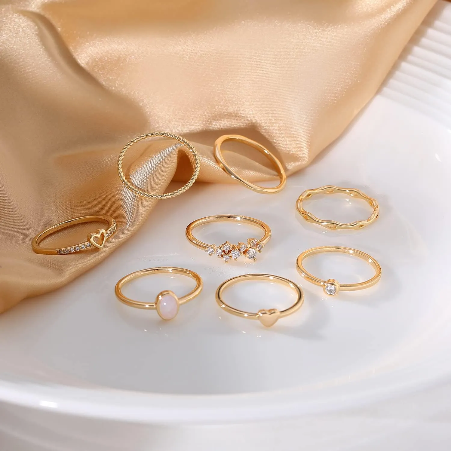RLMOON 8-12PCS 14K Gold Stacking Ring Set for Women Dainty Thumb Stackable Rings Gold Heart CZ Non Tarnish Rings Plain Band Size 4-11