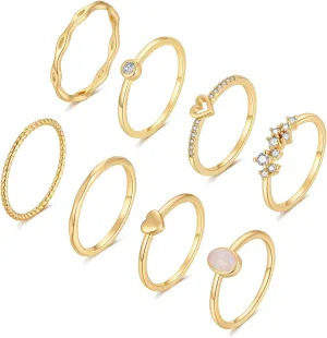 RLMOON 8-12PCS 14K Gold Stacking Ring Set for Women Dainty Thumb Stackable Rings Gold Heart CZ Non Tarnish Rings Plain Band Size 4-11