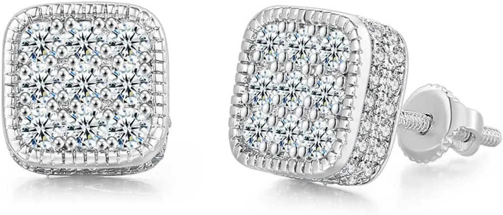 Rnivida Square Earrings for Men Women Sparkling Halo Earring Fashion Jewelry,18k White Gold Plated CZ Screw Back Stud Earring