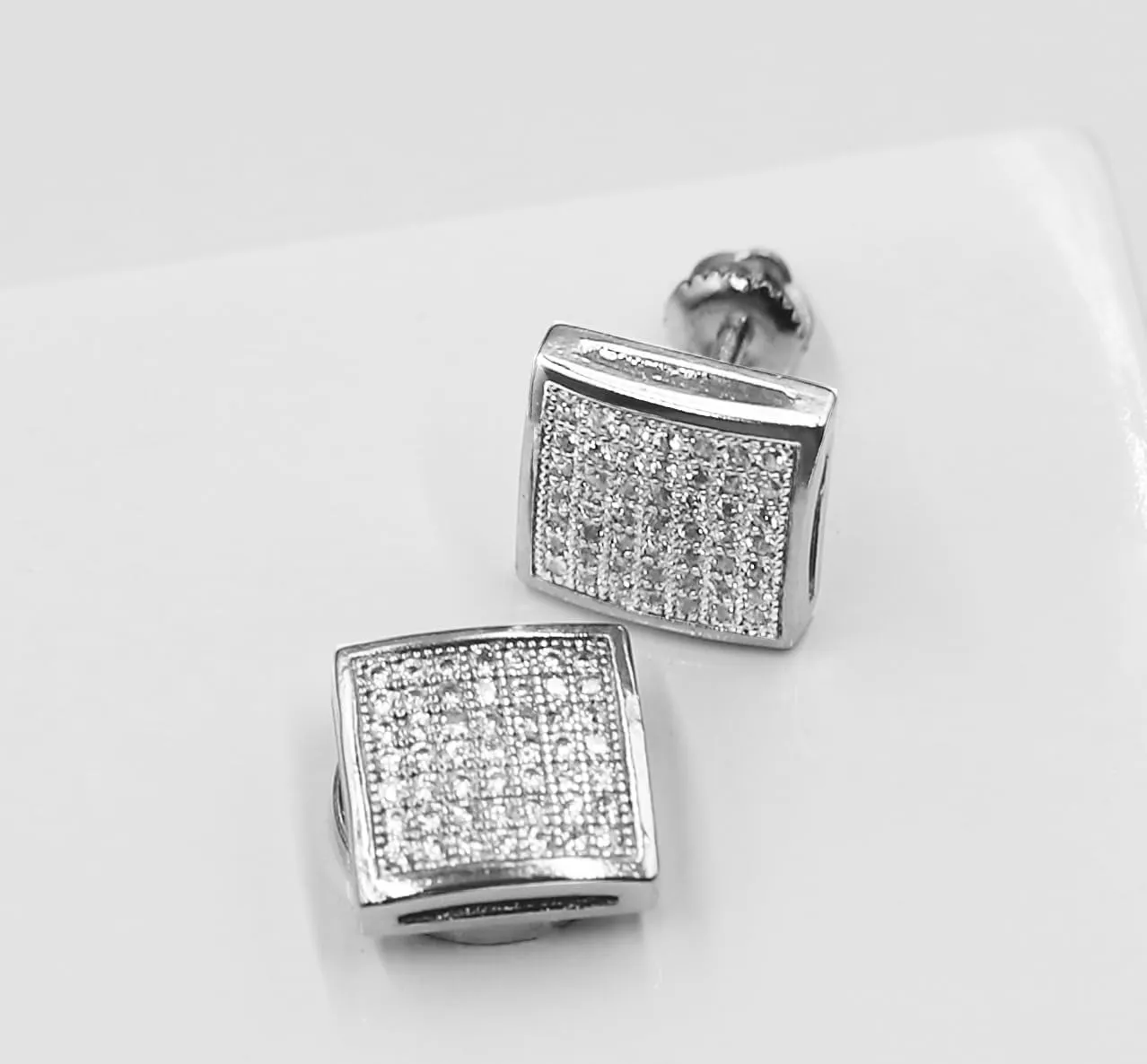 Rnivida Square Earrings for Men Women Sparkling Halo Earring Fashion Jewelry,18k White Gold Plated CZ Screw Back Stud Earring