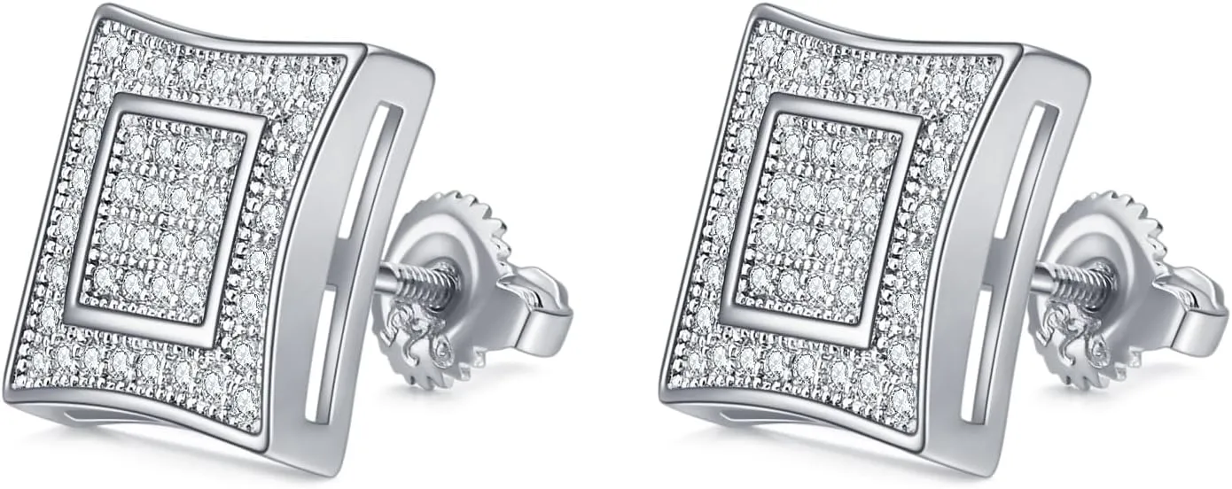 Rnivida Square Earrings for Men Women Sparkling Halo Earring Fashion Jewelry,18k White Gold Plated CZ Screw Back Stud Earring