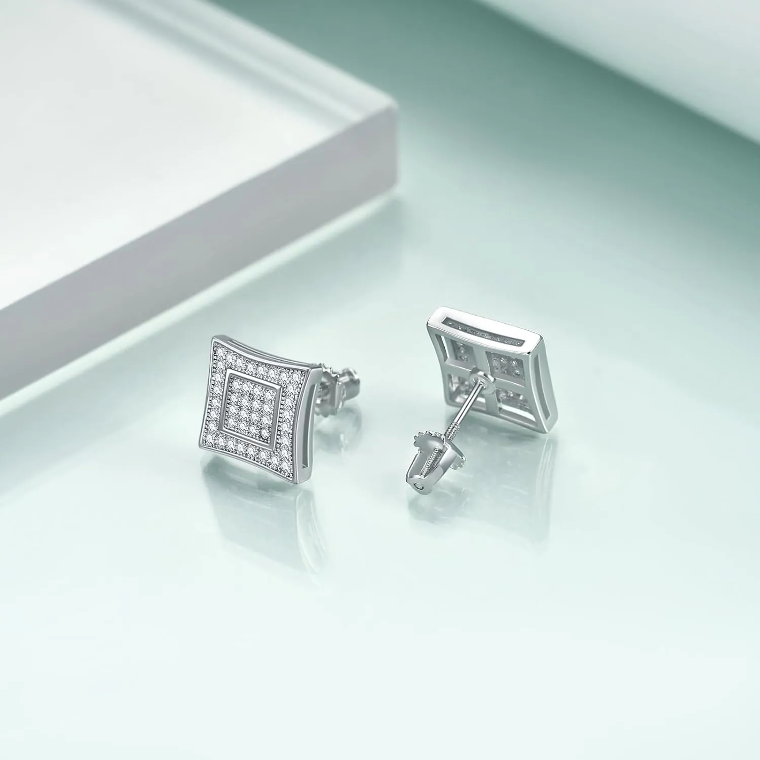 Rnivida Square Earrings for Men Women Sparkling Halo Earring Fashion Jewelry,18k White Gold Plated CZ Screw Back Stud Earring