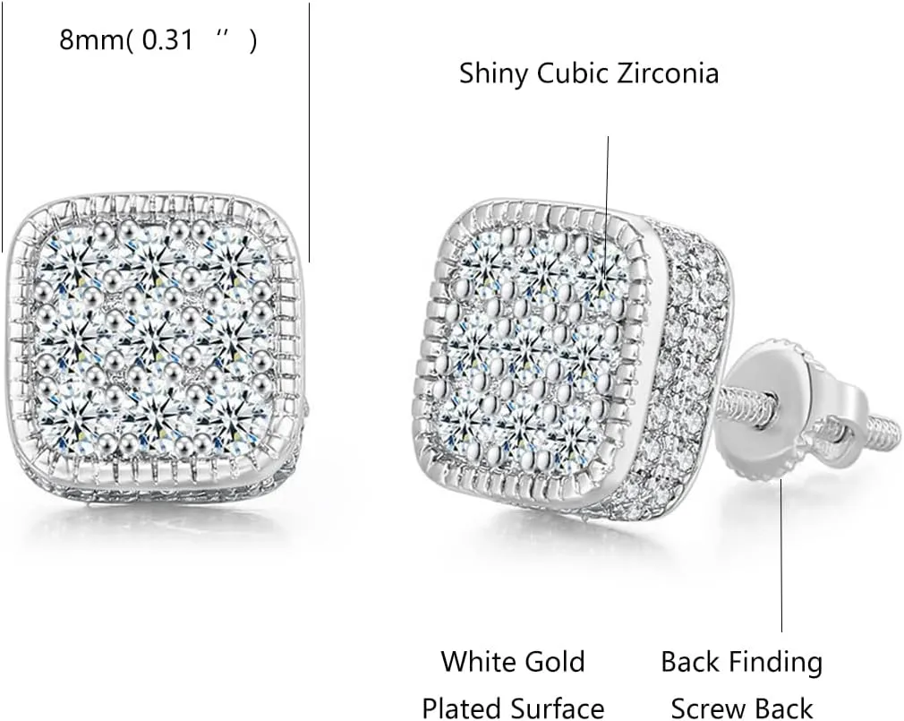 Rnivida Square Earrings for Men Women Sparkling Halo Earring Fashion Jewelry,18k White Gold Plated CZ Screw Back Stud Earring