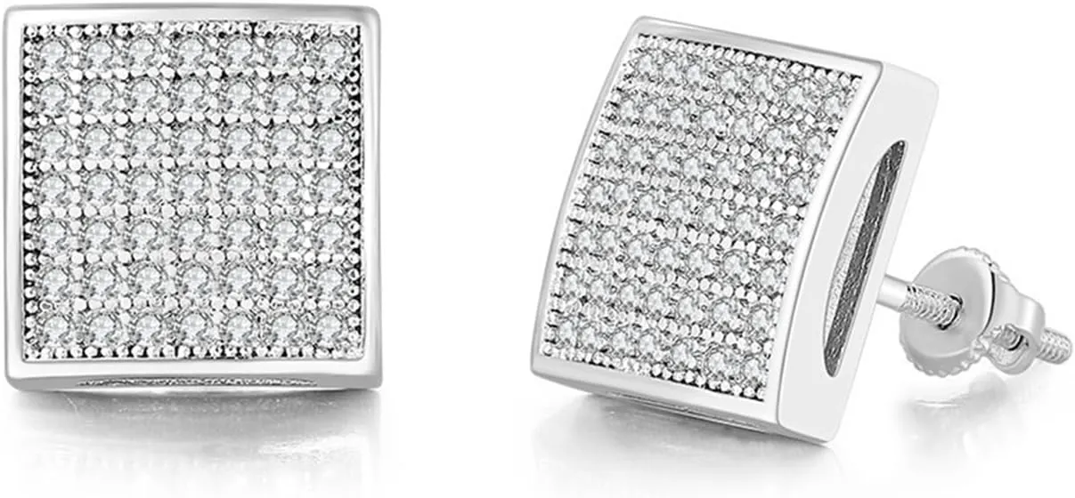 Rnivida Square Earrings for Men Women Sparkling Halo Earring Fashion Jewelry,18k White Gold Plated CZ Screw Back Stud Earring