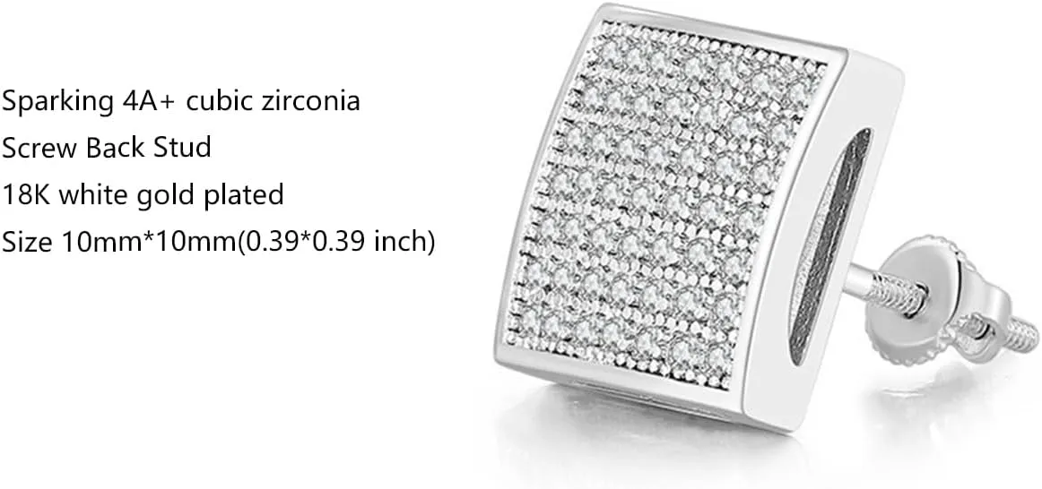 Rnivida Square Earrings for Men Women Sparkling Halo Earring Fashion Jewelry,18k White Gold Plated CZ Screw Back Stud Earring