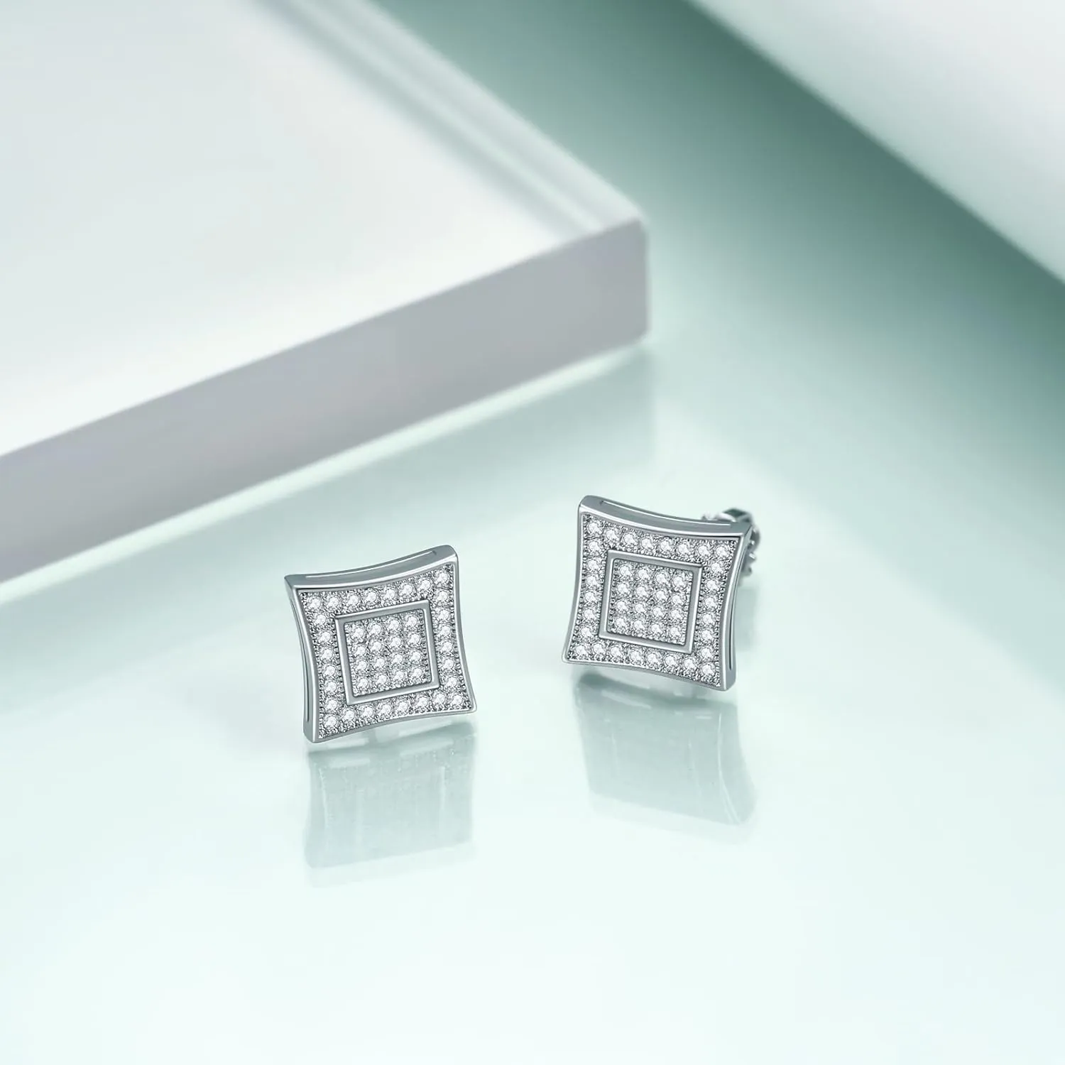 Rnivida Square Earrings for Men Women Sparkling Halo Earring Fashion Jewelry,18k White Gold Plated CZ Screw Back Stud Earring