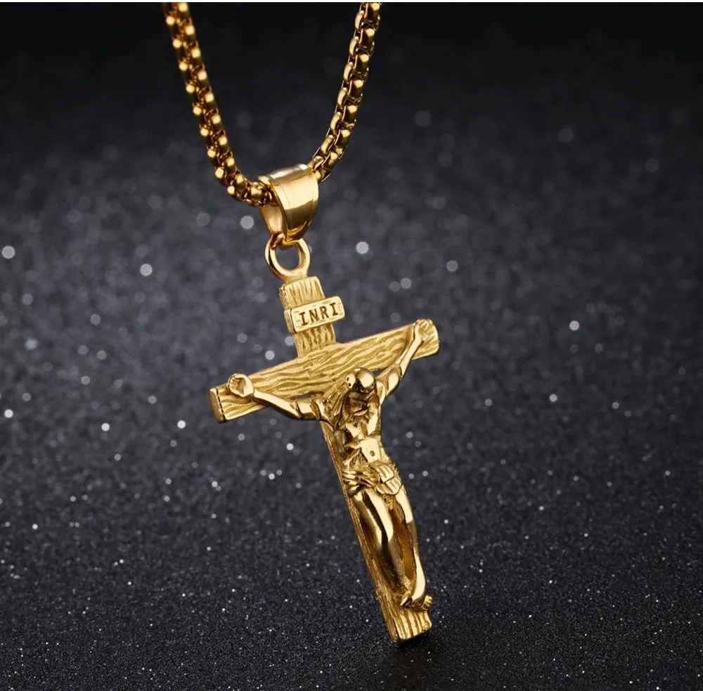 Rockyu Gold Cross Necklace for Men Stainless Steel Chain 22 Inch Christ on INRI Crucifix Pendant Crucifixion Catholic Jesus Wood Imitation Cross Religion Jewelry Gift for Men