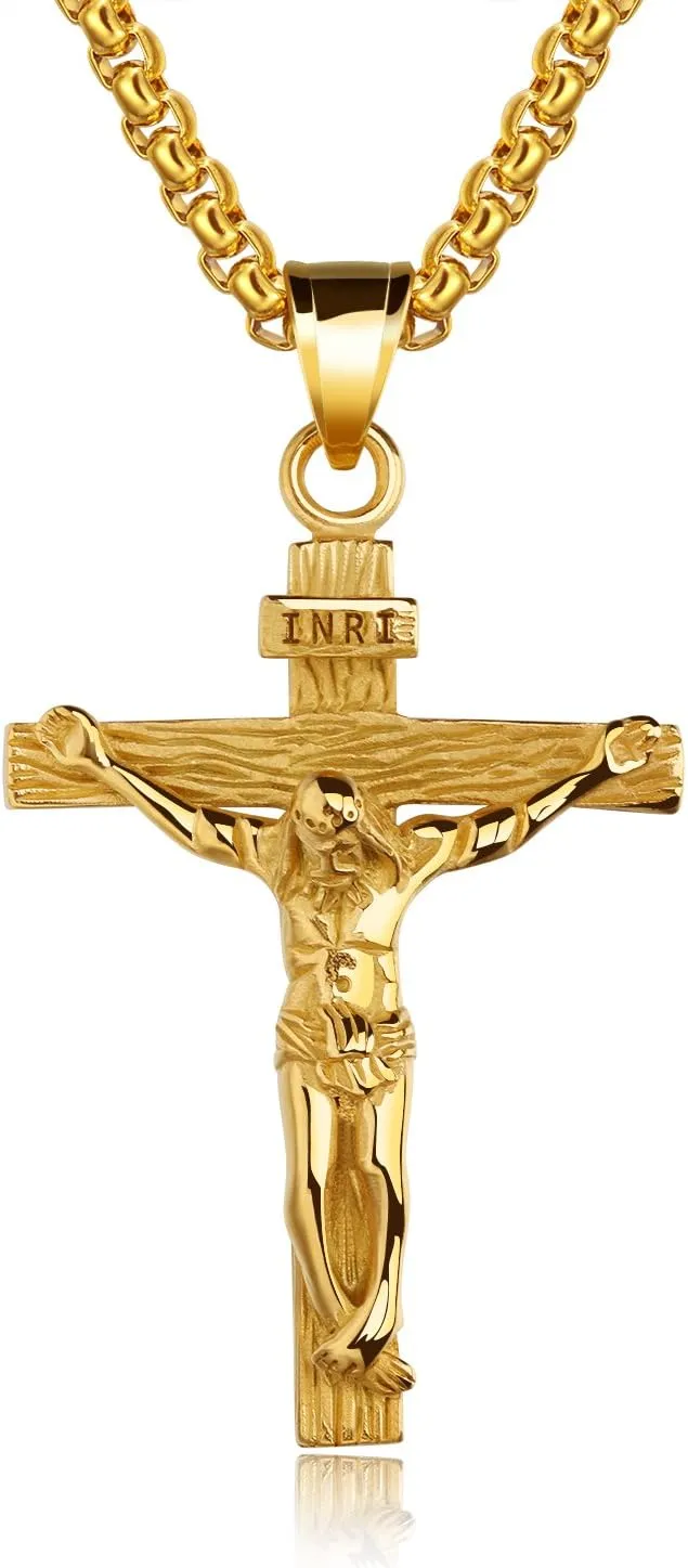 Rockyu Gold Cross Necklace for Men Stainless Steel Chain 22 Inch Christ on INRI Crucifix Pendant Crucifixion Catholic Jesus Wood Imitation Cross Religion Jewelry Gift for Men