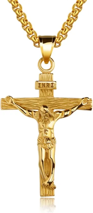 Rockyu Gold Cross Necklace for Men Stainless Steel Chain 22 Inch Christ on INRI Crucifix Pendant Crucifixion Catholic Jesus Wood Imitation Cross Religion Jewelry Gift for Men