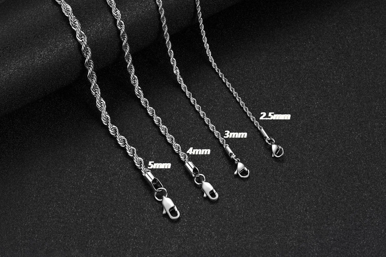 Rope Chain Necklace for Men, Silver Tone Chains for Men and Women, Stainless Steel Twist Necklace Chain, 2.5mm 3mm 4mm 5mm Mens Necklace