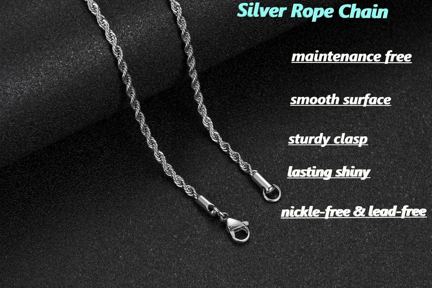 Rope Chain Necklace for Men, Silver Tone Chains for Men and Women, Stainless Steel Twist Necklace Chain, 2.5mm 3mm 4mm 5mm Mens Necklace