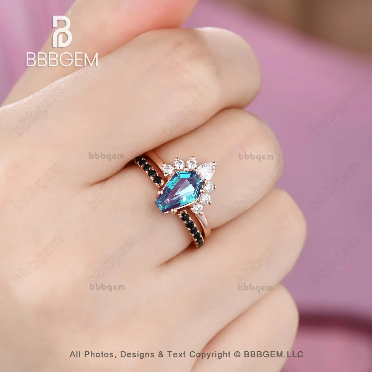Rose Gold Coffin Alexandrite Engagment Ring Set Vintage Open Gap Black Spinel Band For Women Anniversary Gifts