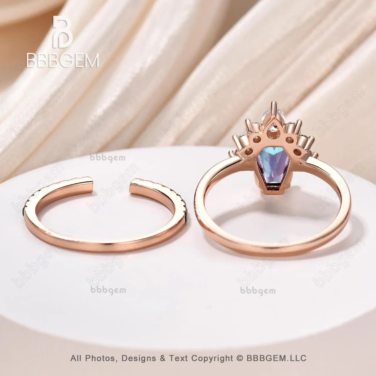 Rose Gold Coffin Alexandrite Engagment Ring Set Vintage Open Gap Black Spinel Band For Women Anniversary Gifts