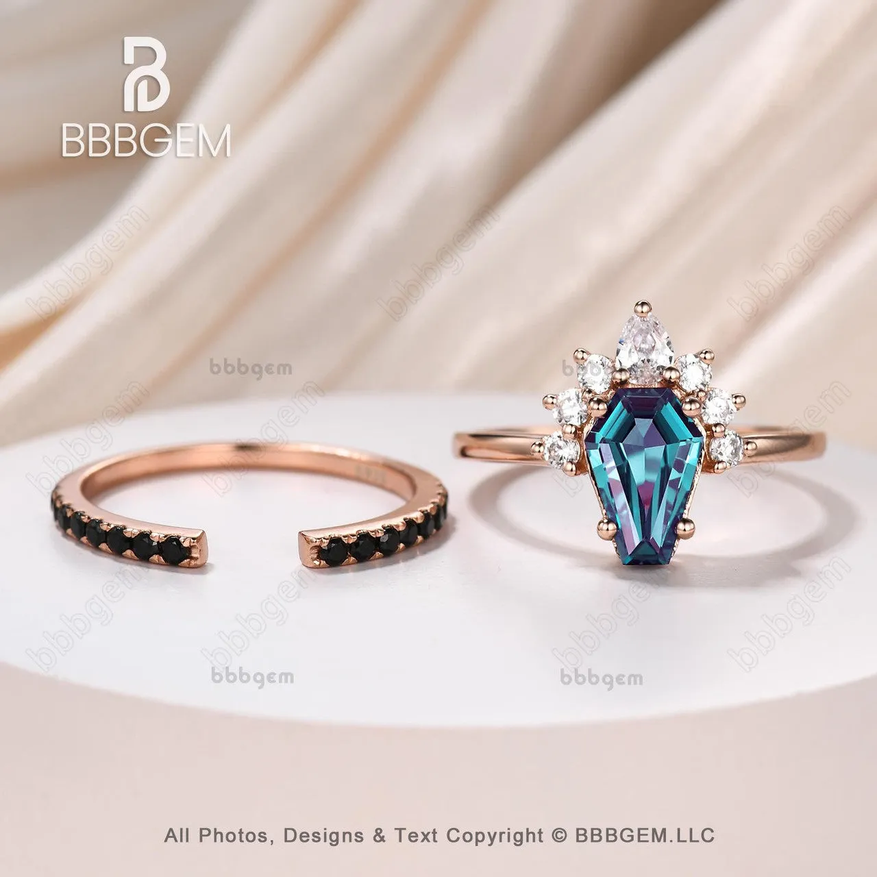 Rose Gold Coffin Alexandrite Engagment Ring Set Vintage Open Gap Black Spinel Band For Women Anniversary Gifts