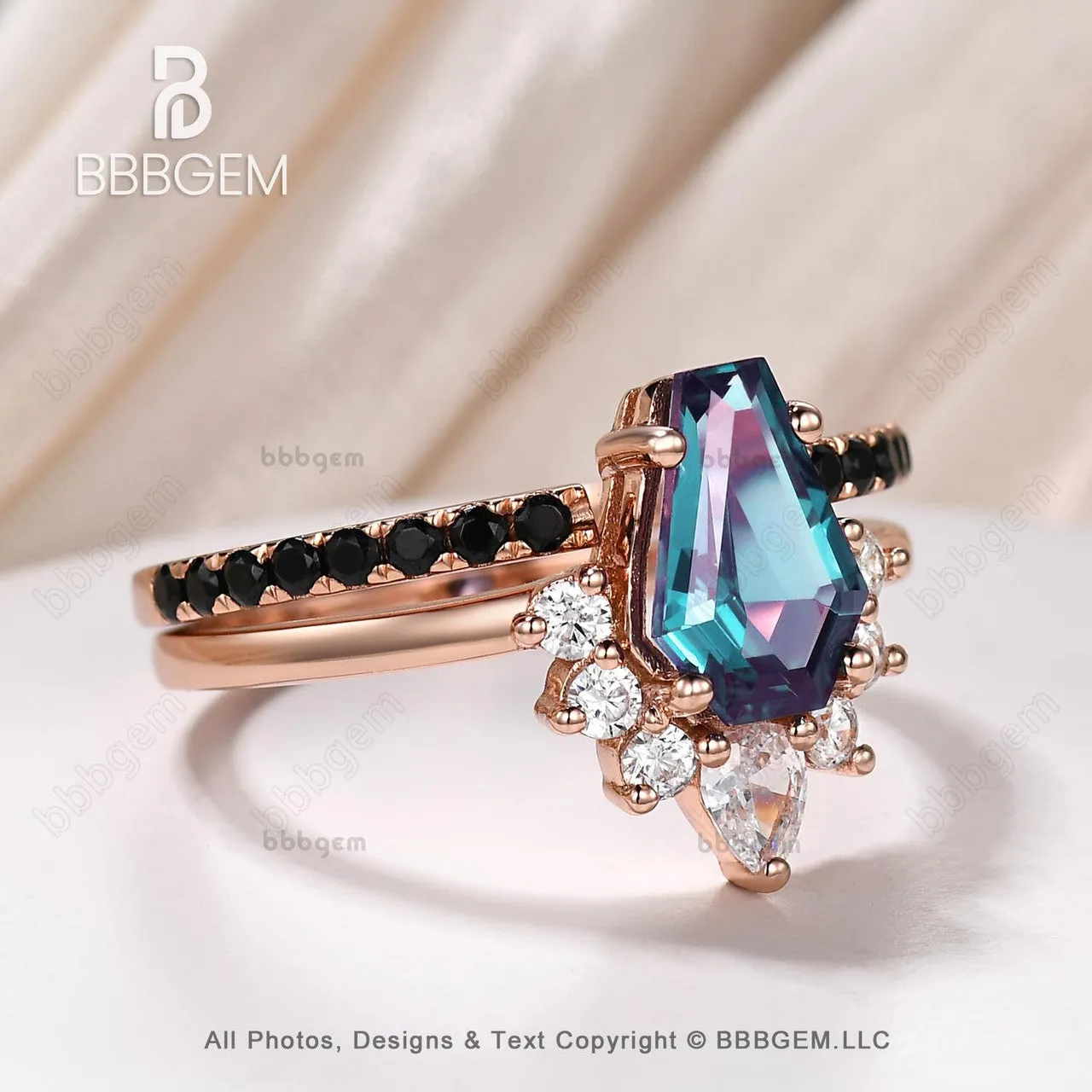 Rose Gold Coffin Alexandrite Engagment Ring Set Vintage Open Gap Black Spinel Band For Women Anniversary Gifts