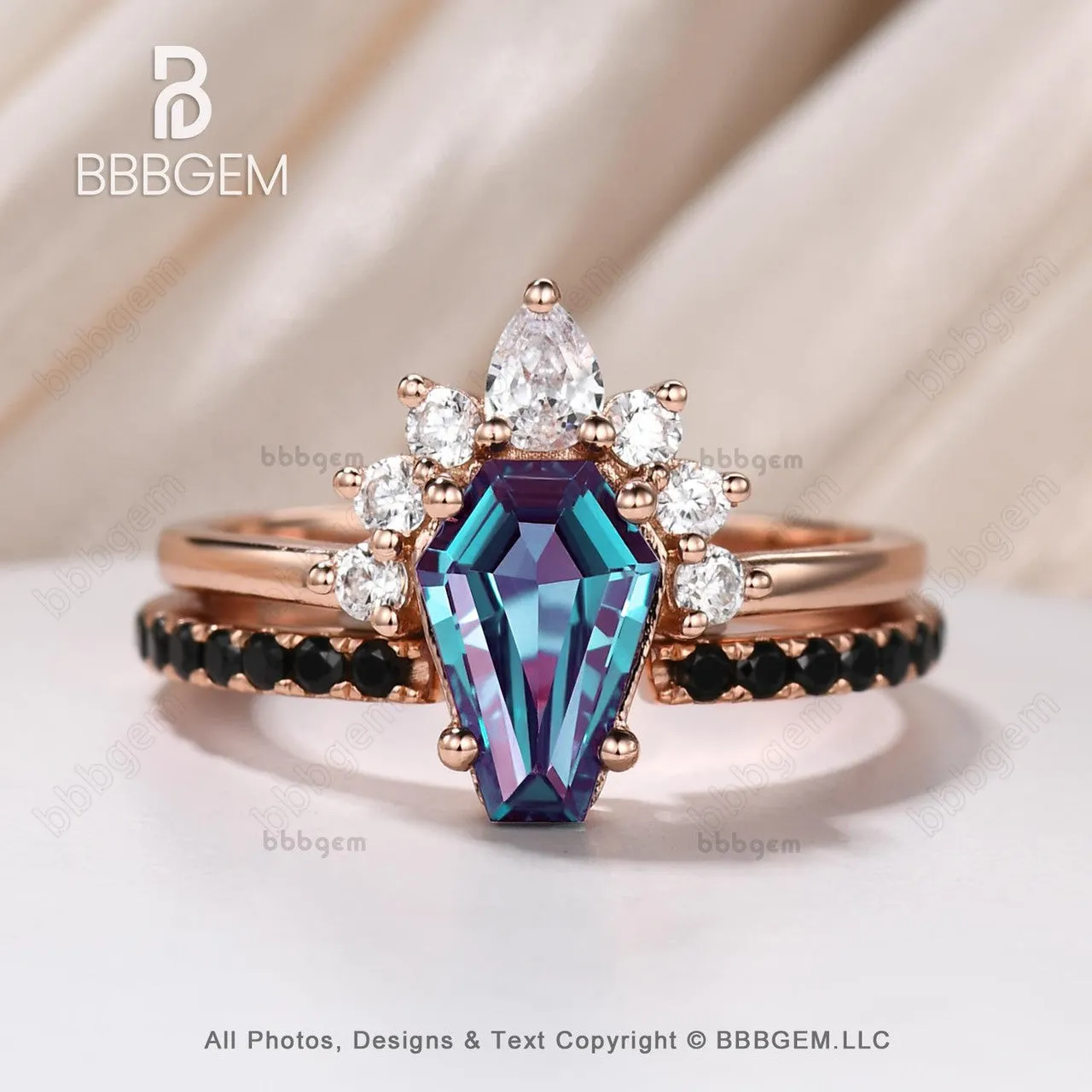 Rose Gold Coffin Alexandrite Engagment Ring Set Vintage Open Gap Black Spinel Band For Women Anniversary Gifts