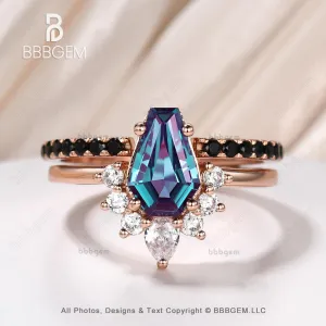 Rose Gold Coffin Alexandrite Engagment Ring Set Vintage Open Gap Black Spinel Band For Women Anniversary Gifts