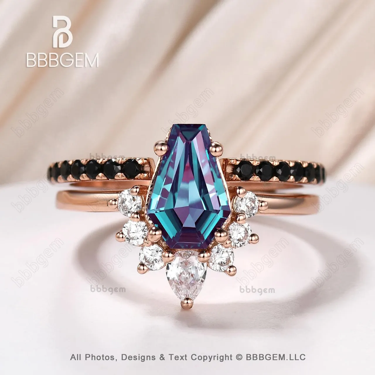Rose Gold Coffin Alexandrite Engagment Ring Set Vintage Open Gap Black Spinel Band For Women Anniversary Gifts